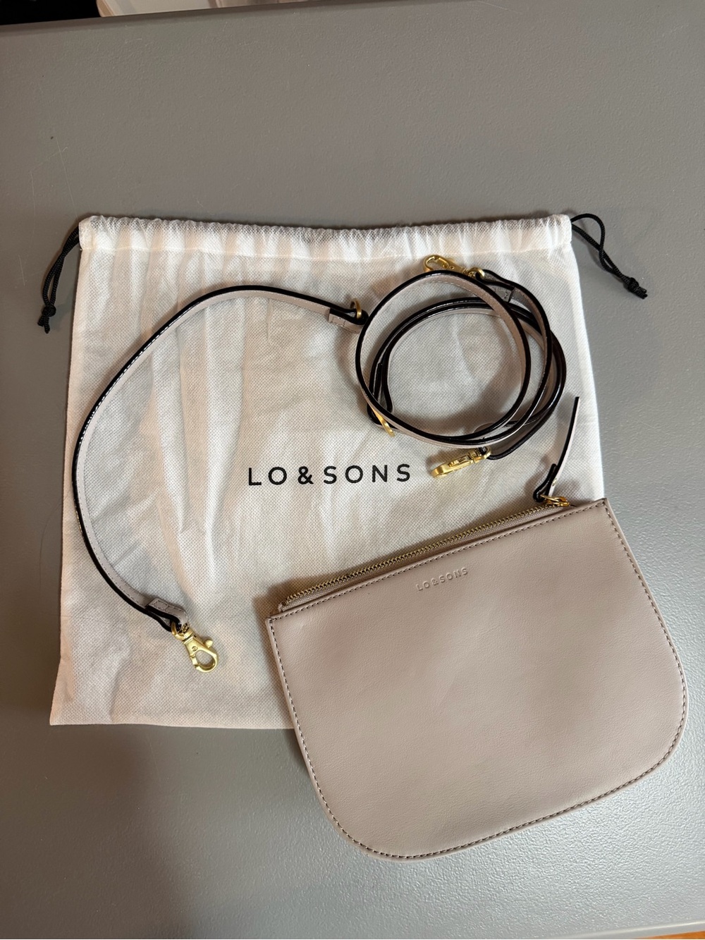 Lo & Sons Taupe Leather Crossbody Bag with Gold Hardware